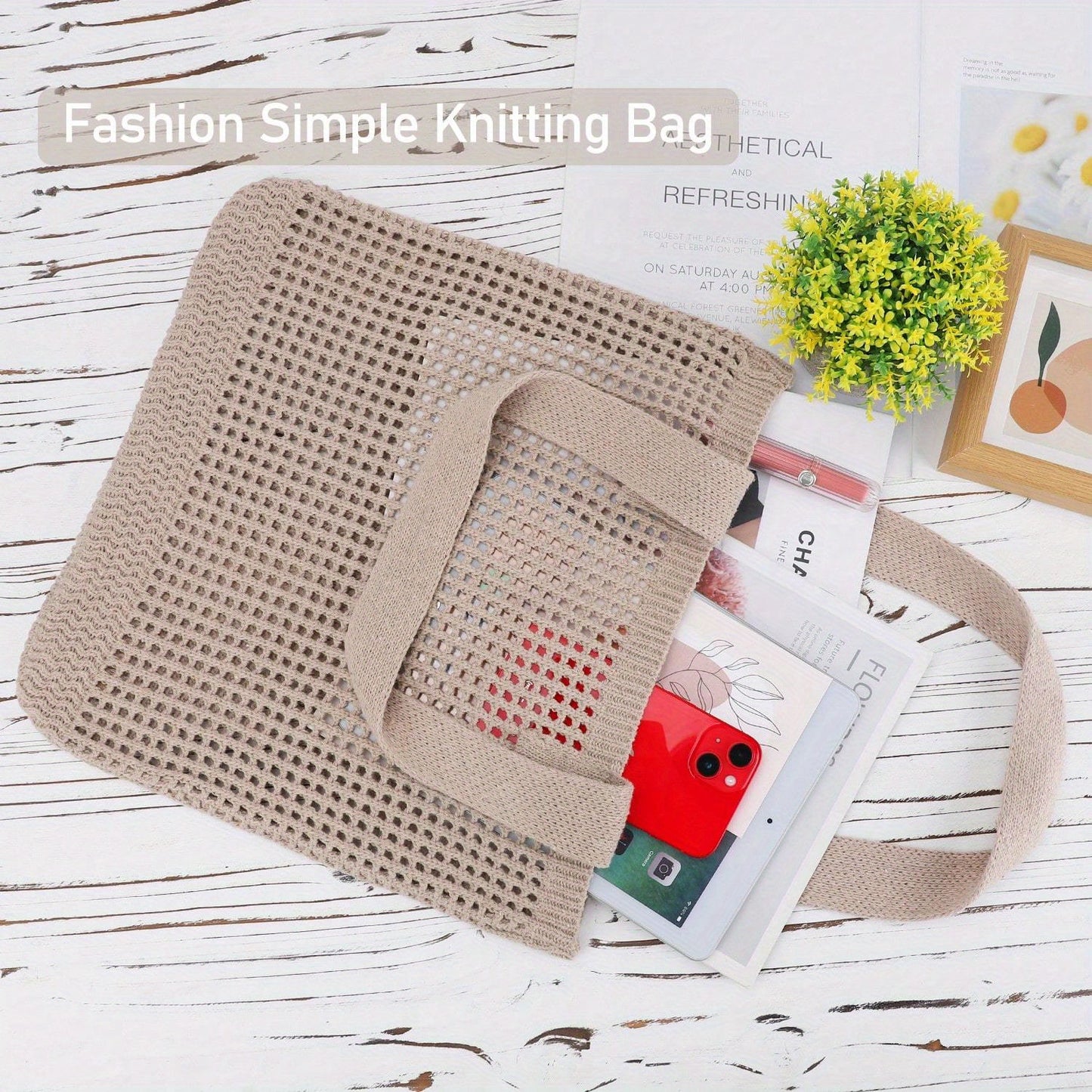 1Pc Crochet Tote Bag For Women, Crochet Mesh Beach Tote Bag Summer Vacation Aesthetic Boho Knit Bag For Women