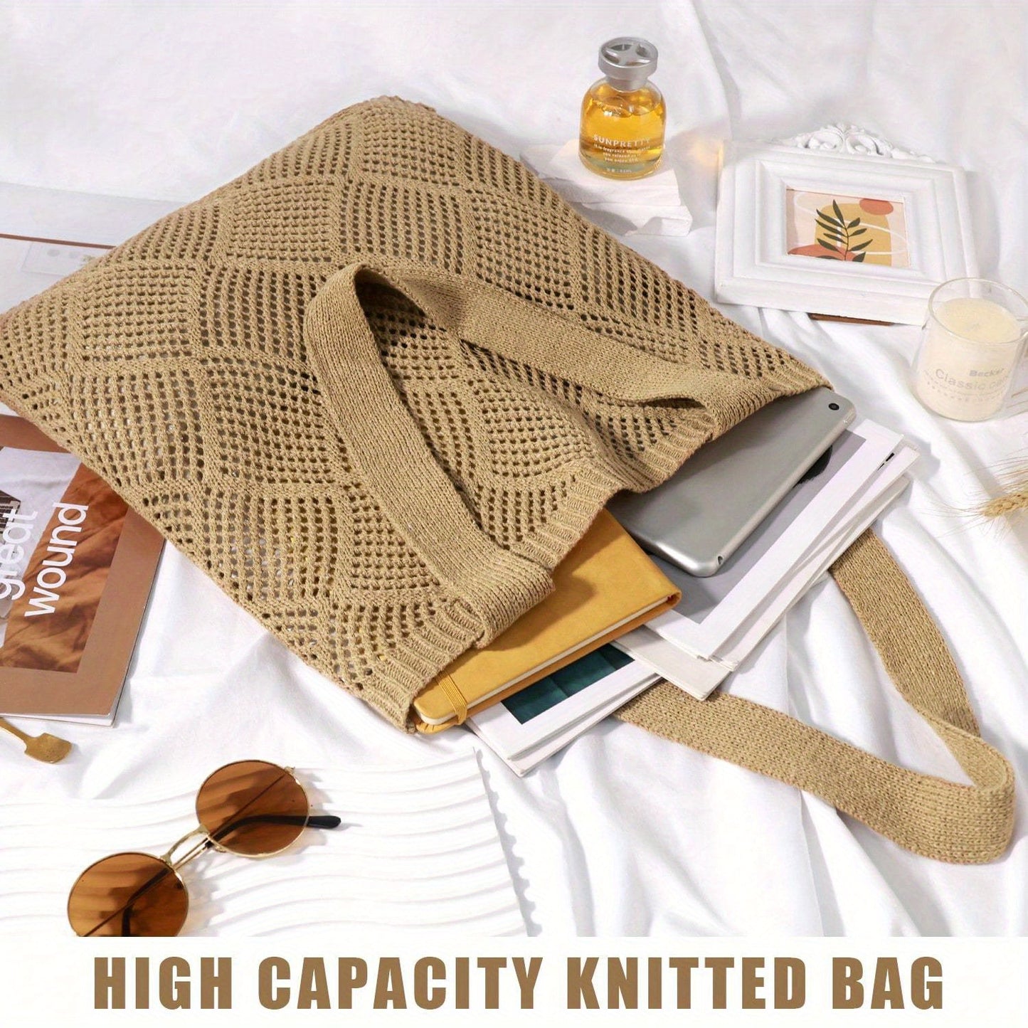 1Pc Crochet Tote Bag For Women, Crochet Mesh Beach Tote Bag Summer Vacation Aesthetic Boho Knit Bag For Women