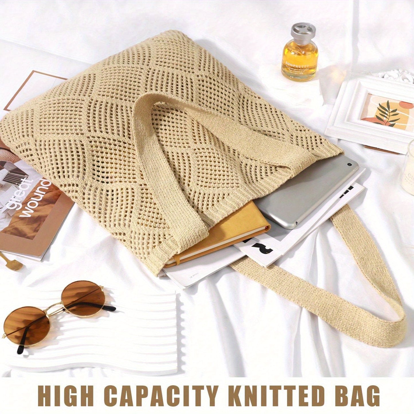 1Pc Crochet Tote Bag For Women, Crochet Mesh Beach Tote Bag Summer Vacation Aesthetic Boho Knit Bag For Women