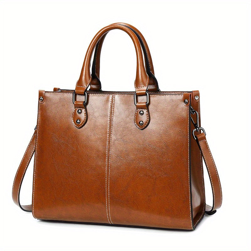 Luxurious European-Style Genuine Leather Tote Bag for Women - Totes with Versatile Shoulder Strap, Zip Closure, Edge Painted, Oil Wax Finish - High-Quality, Durable, Easy-to-Care Handbag with Style Guide