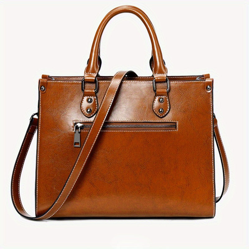 Luxurious European-Style Genuine Leather Tote Bag for Women - Totes with Versatile Shoulder Strap, Zip Closure, Edge Painted, Oil Wax Finish - High-Quality, Durable, Easy-to-Care Handbag with Style Guide