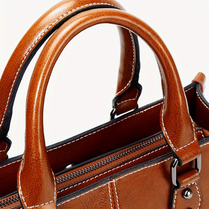 Luxurious European-Style Genuine Leather Tote Bag for Women - Totes with Versatile Shoulder Strap, Zip Closure, Edge Painted, Oil Wax Finish - High-Quality, Durable, Easy-to-Care Handbag with Style Guide
