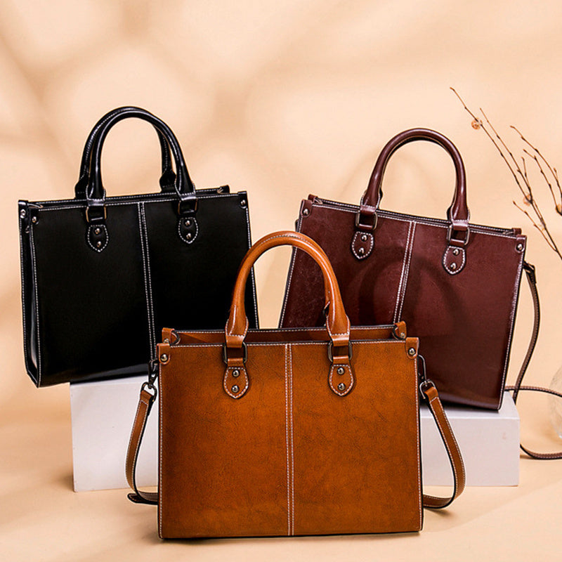 Luxurious European-Style Genuine Leather Tote Bag for Women - Totes with Versatile Shoulder Strap, Zip Closure, Edge Painted, Oil Wax Finish - High-Quality, Durable, Easy-to-Care Handbag with Style Guide