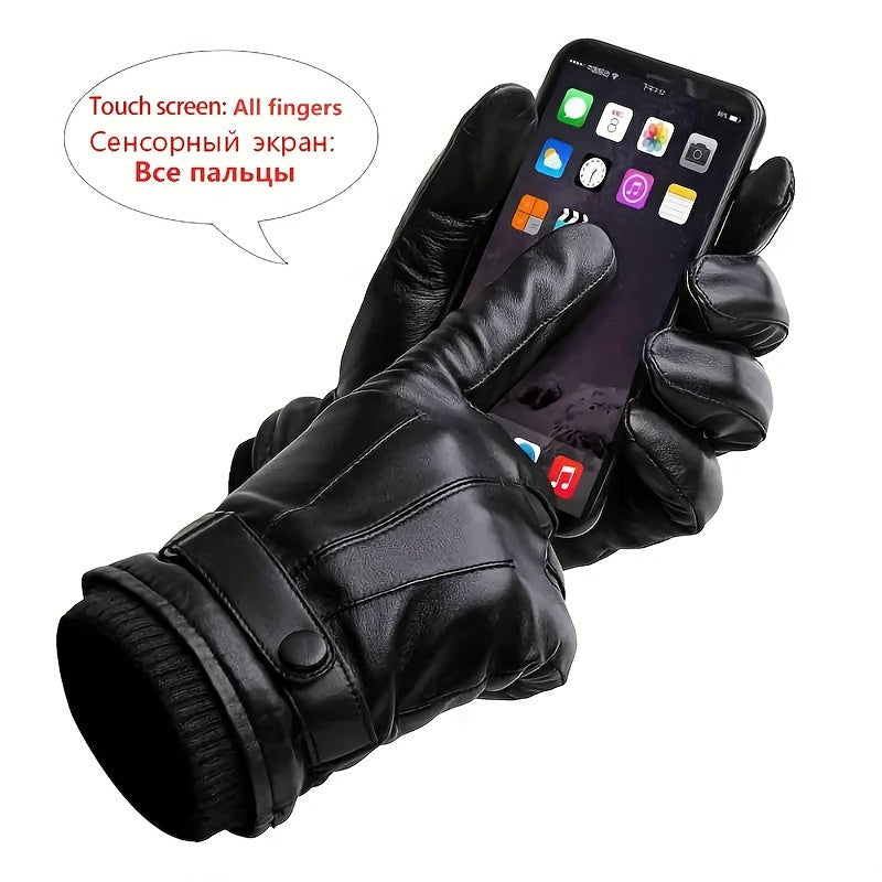 2-Pack of Warm & Touchscreen Men's Faux Leather Gloves for Winter Outdoor Driving & Cycling, Washable Non-Woven Material with Button Closure, Ideal Gift