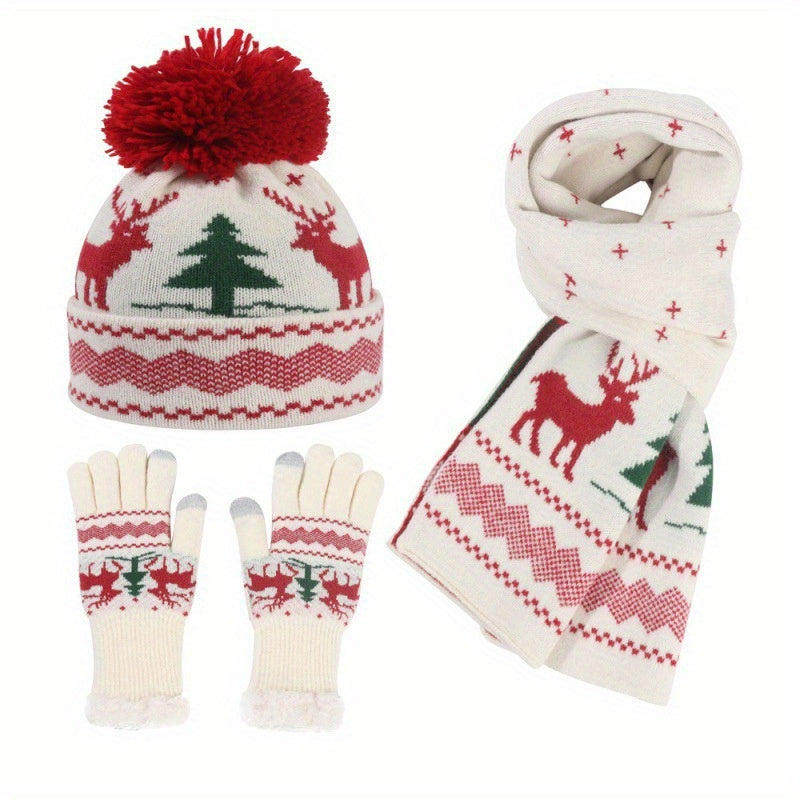 Three-Piece Set Winter Ladies Thickened Knitted American Ne Christmas Cap, Gloves and Scarf Hat