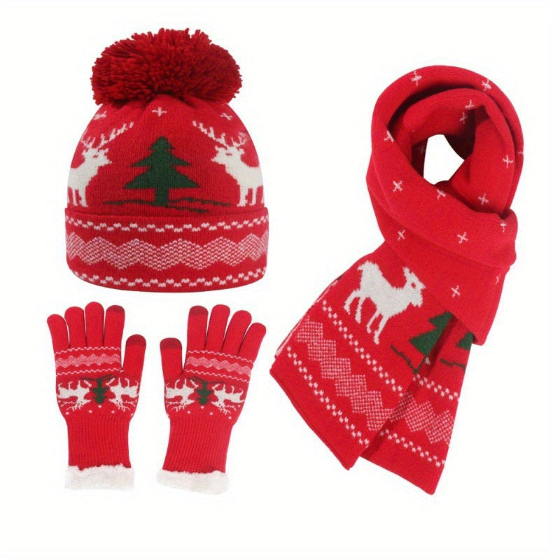 Three-Piece Set Winter Ladies Thickened Knitted American Ne Christmas Cap, Gloves and Scarf Hat