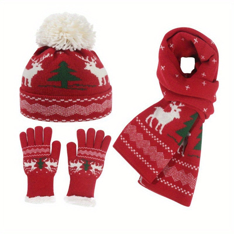 Three-Piece Set Winter Ladies Thickened Knitted American Ne Christmas Cap, Gloves and Scarf Hat