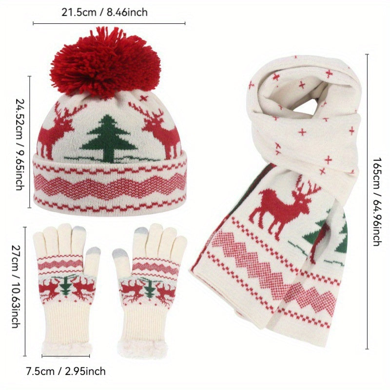Three-Piece Set Winter Ladies Thickened Knitted American Ne Christmas Cap, Gloves and Scarf Hat
