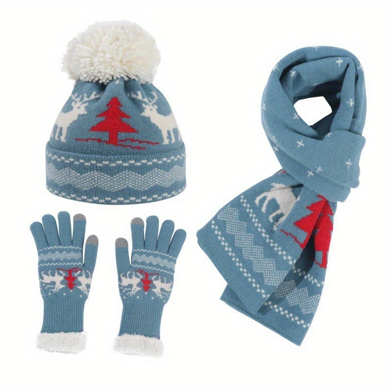 Three-Piece Set Winter Ladies Thickened Knitted American Ne Christmas Cap, Gloves and Scarf Hat