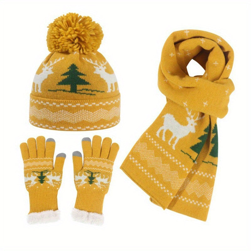 Three-Piece Set Winter Ladies Thickened Knitted American Ne Christmas Cap, Gloves and Scarf Hat