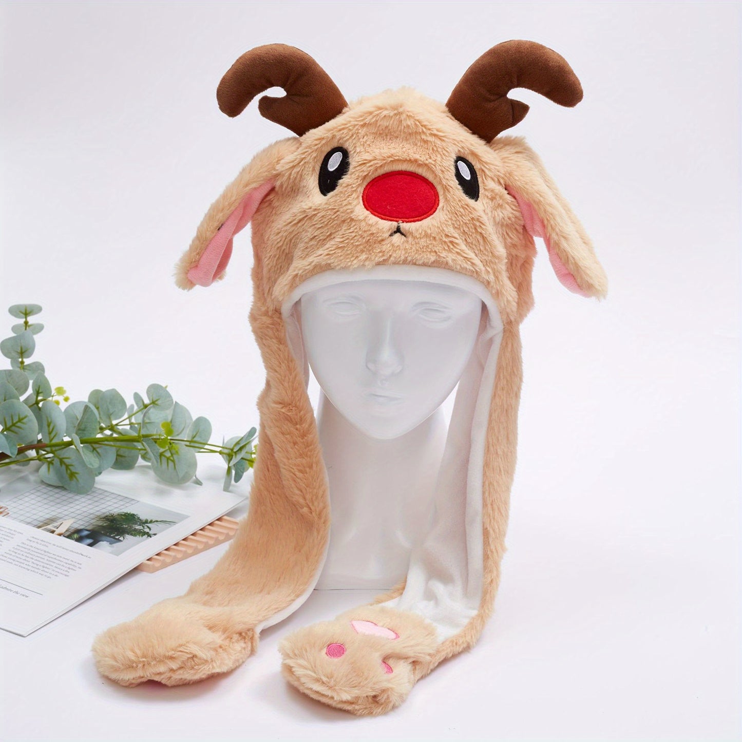 Cozy Plush Christmas Hat with Moving Ears - Cute Santa & Reindeer Design, Soft Cotton Blend, Perfect for Holiday Parties & Gifts