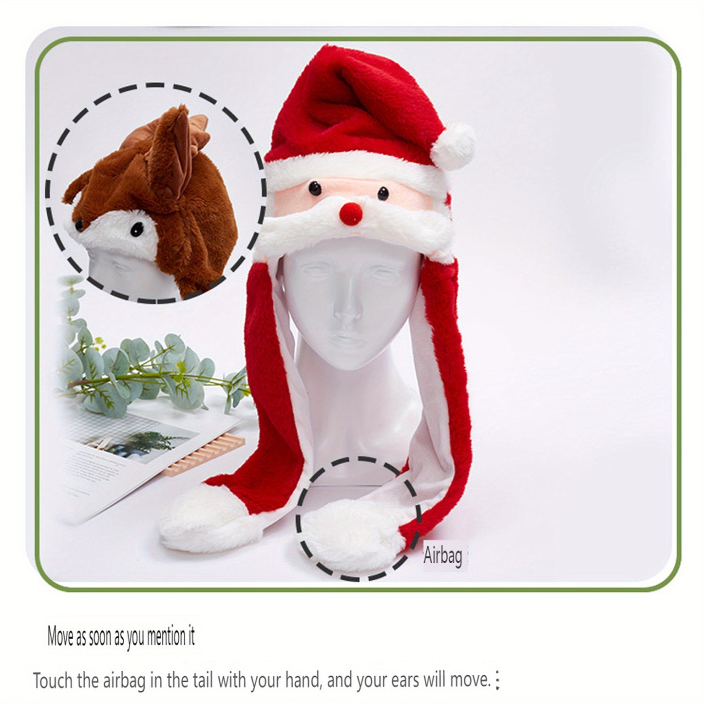 Cozy Plush Christmas Hat with Moving Ears - Cute Santa & Reindeer Design, Soft Cotton Blend, Perfect for Holiday Parties & Gifts