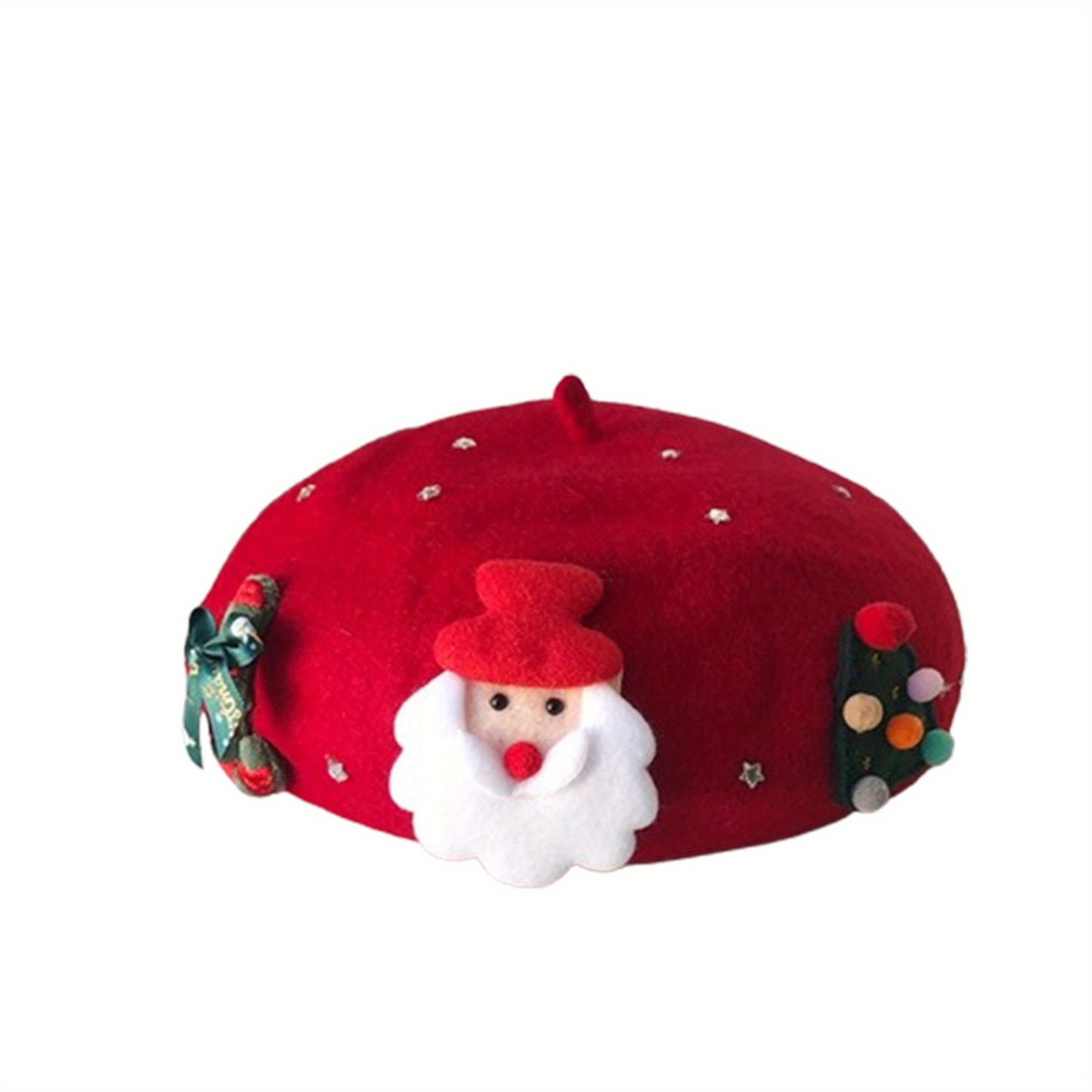 Women'S Christmas-Themed Polyester Beret Hat - Santa Claus Design, Warm Wool-Blend Beanie Cap for Winter Season