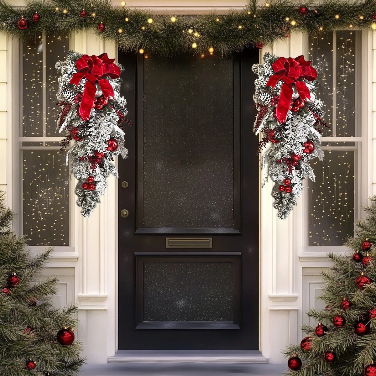 3 Pcs Artificial Christmas Teardrop Wreath, Rustic Red Berry Pine Cone Garlands for Front Door, Indoor Outdoor Xmas Party Home Decor