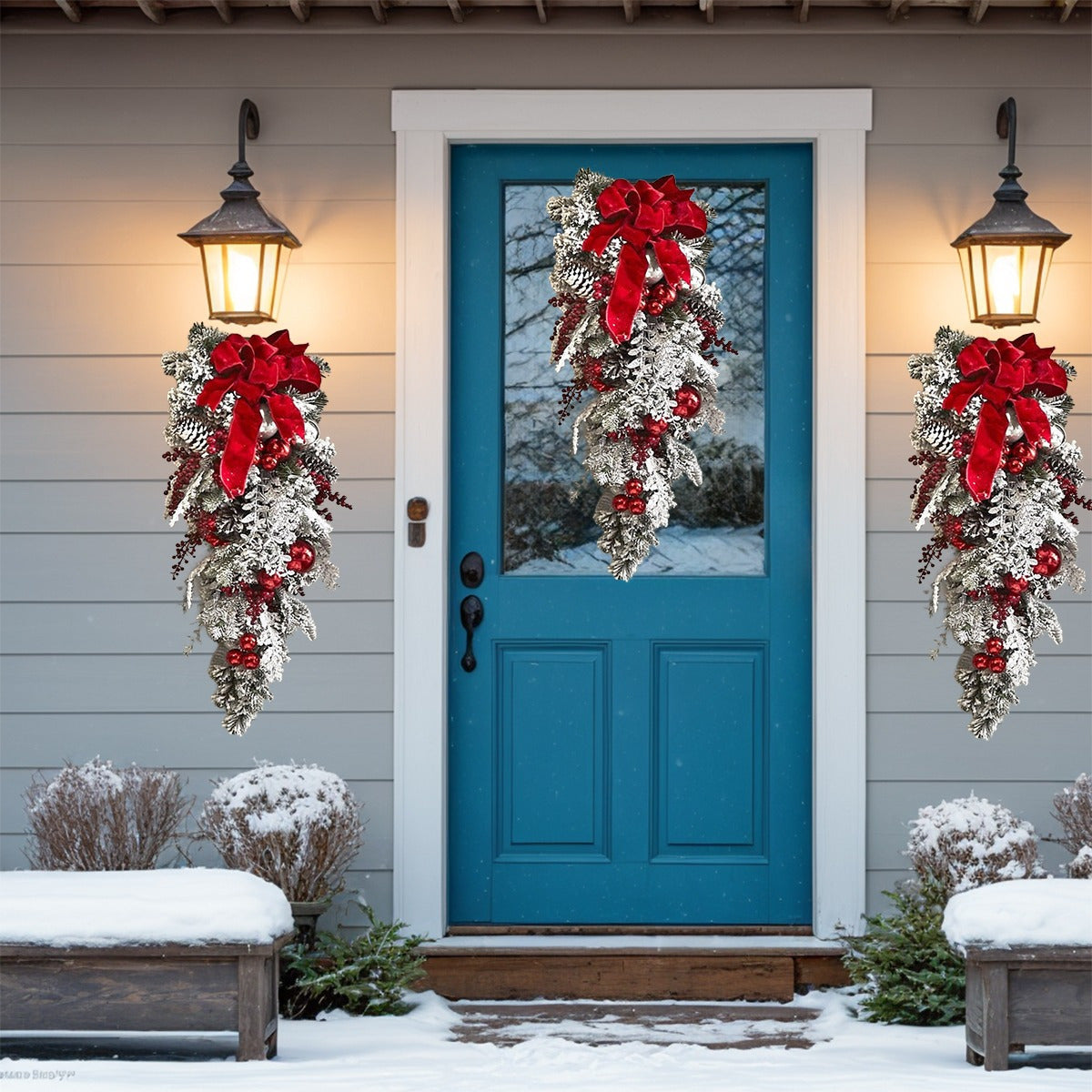 3 Pcs Artificial Christmas Teardrop Wreath, Rustic Red Berry Pine Cone Garlands for Front Door, Indoor Outdoor Xmas Party Home Decor