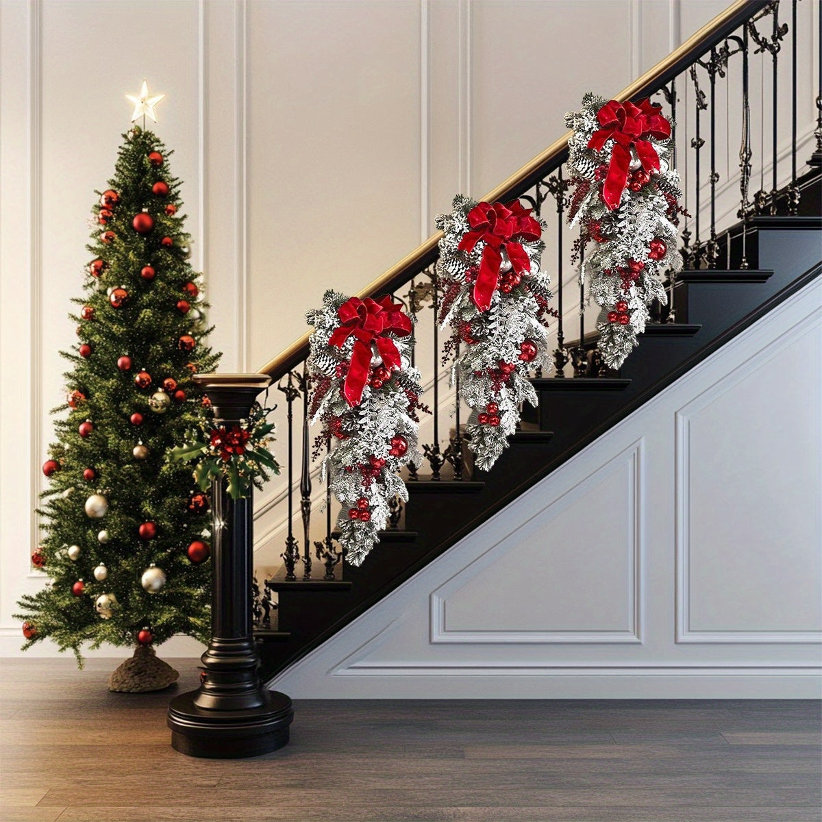 3 Pcs Artificial Christmas Teardrop Wreath, Rustic Red Berry Pine Cone Garlands for Front Door, Indoor Outdoor Xmas Party Home Decor