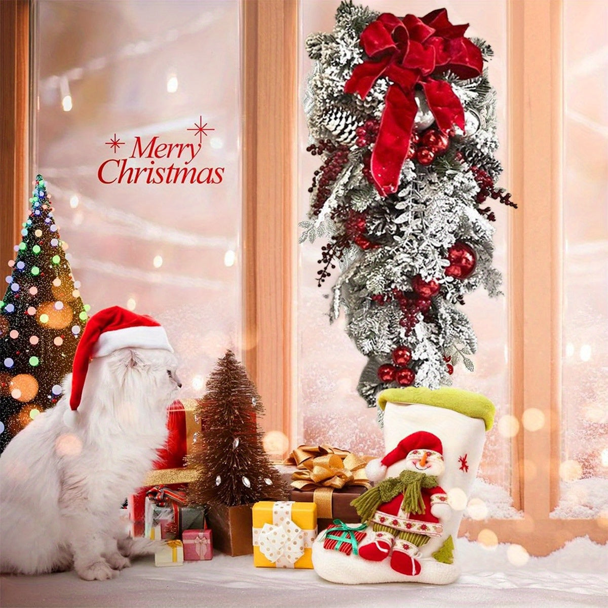 3 Pcs Artificial Christmas Teardrop Wreath, Rustic Red Berry Pine Cone Garlands for Front Door, Indoor Outdoor Xmas Party Home Decor