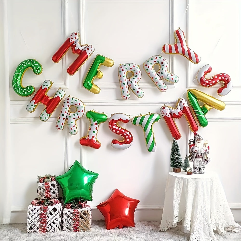 14pcs Merry Christmas Aluminum Foil Letter Balloons Set - Mixed Color Themed Party Decorations for Christmas, New Year & Weddings - Durable, Non-Electric, Carnival Inspired Designs for Ages 14+