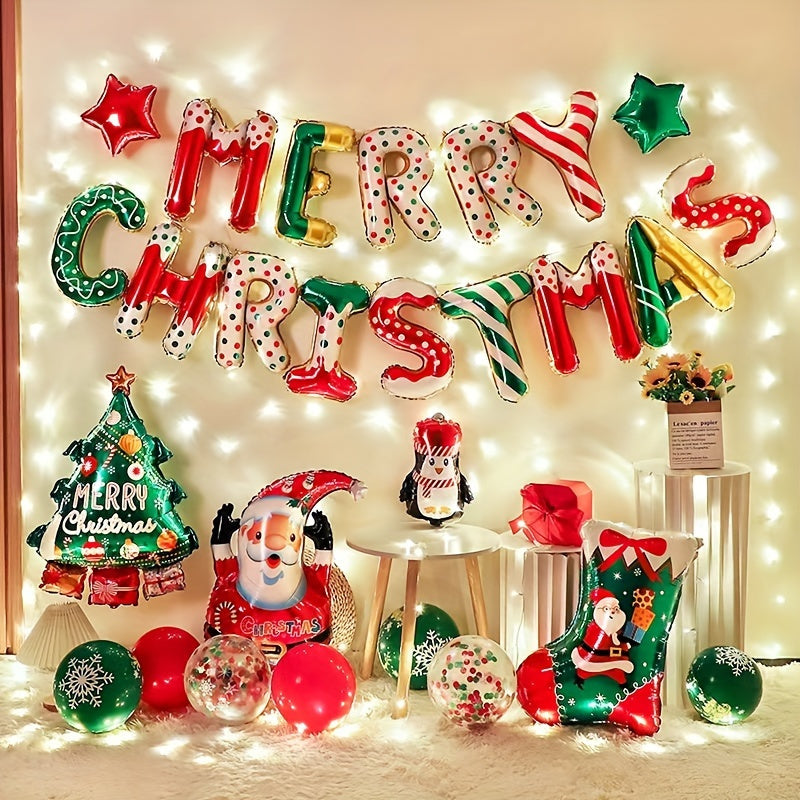 14pcs Merry Christmas Aluminum Foil Letter Balloons Set - Mixed Color Themed Party Decorations for Christmas, New Year & Weddings - Durable, Non-Electric, Carnival Inspired Designs for Ages 14+