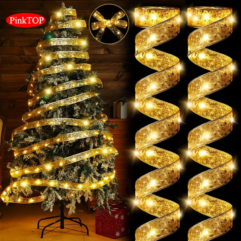 1pc Holiday Streamers - Golden Ribbon Lights, Battery Powered Christmas Tree Decoration with 1/3/5/10m Long Garland for Festive Ambiance (Without Batteries)