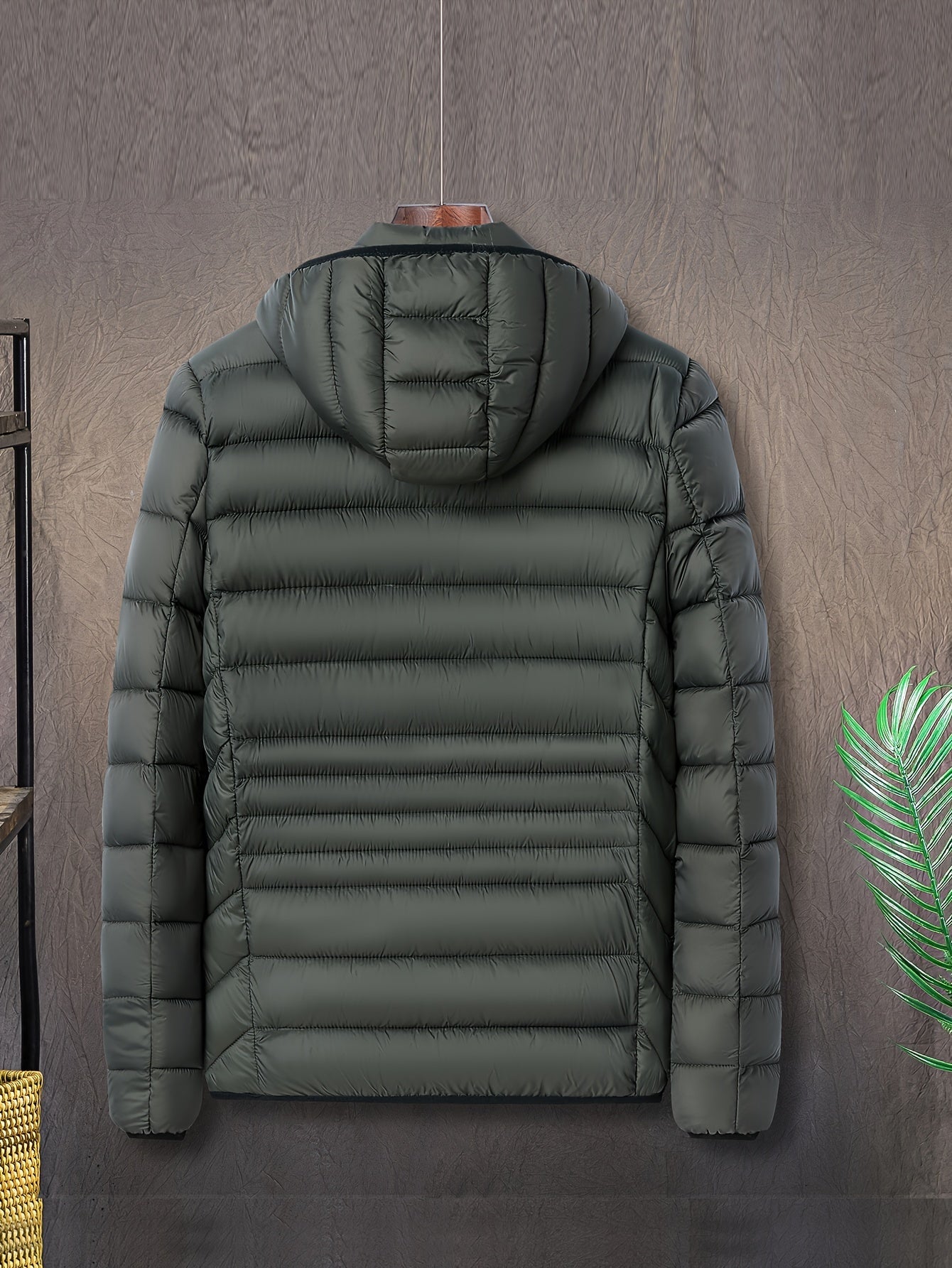 Men's Solid Color Hooded Puff Jacket, Long Sleeve Stand Collar Comfy Warm Trendy Winter Faux Down Coat As Gift