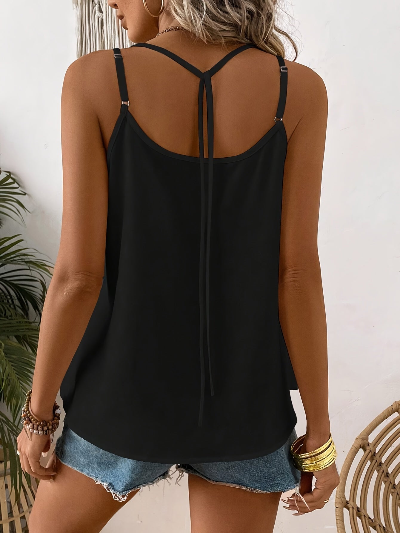 V Neck Spaghetti Strap Cami Top - Elegant Solid Color Sleeveless Shirt with Fake Buttons for Spring and Summer - Womens Regular Length Dacron and Spandex Semi-Sheer Woven Clothing