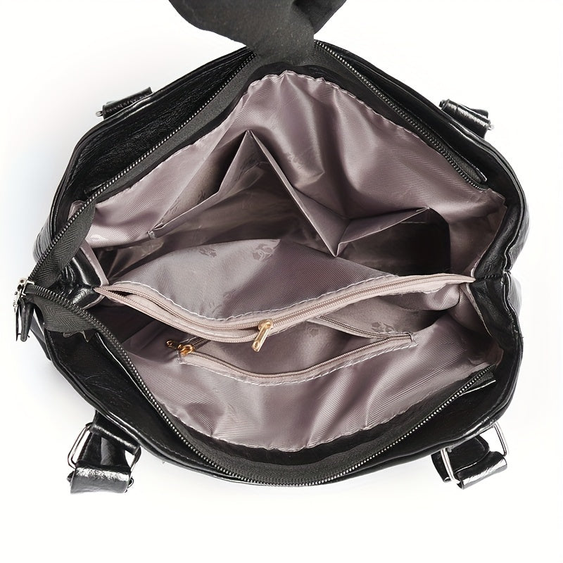 Chic Vintage-Inspired Faux Leather Tote Bag for Women - Versatile Shoulder & Crossbody Design with Adjustable Strap, Multiple Compartments, Zip Closure - Perfect for Work, Travel, and Casual Outings - Black