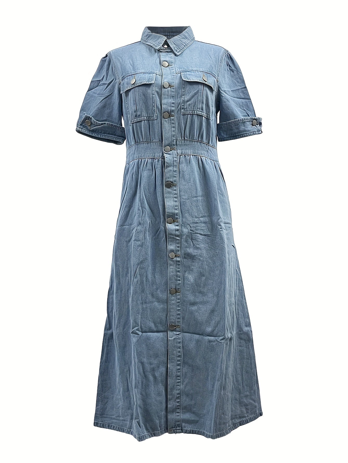 All-Year Chic: Washed Denim Dress with Flap Pocket - Durable, Easy-Care & Flattering Fit for Casual Elegance