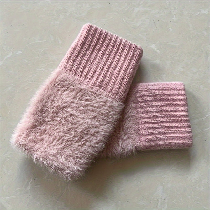 Women's Faux Fur Knitted Half-Finger Gloves, 2-Pack, Elastic Warm Winter Gloves for Office, Casual Outings, Hand Washable, Warmth & Comfort, Windproof Design