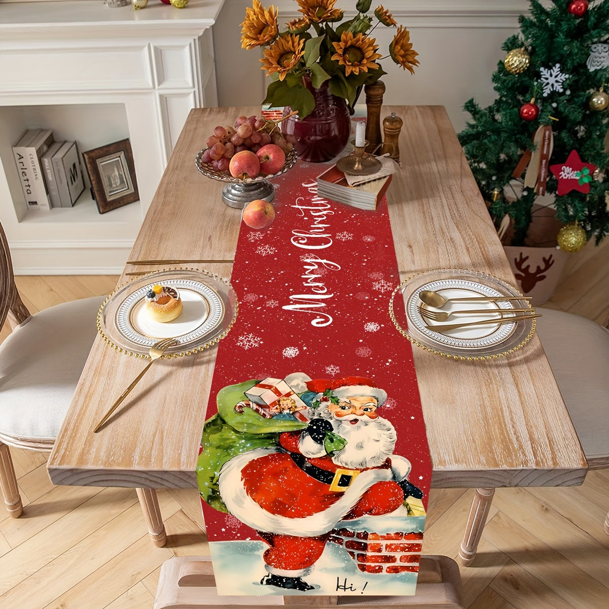 Vintage Country Style Santa Claus Chimney Christmas Table Runner - Polyester, Perfect for Holiday Parties & Home Decor Holiday Decorations