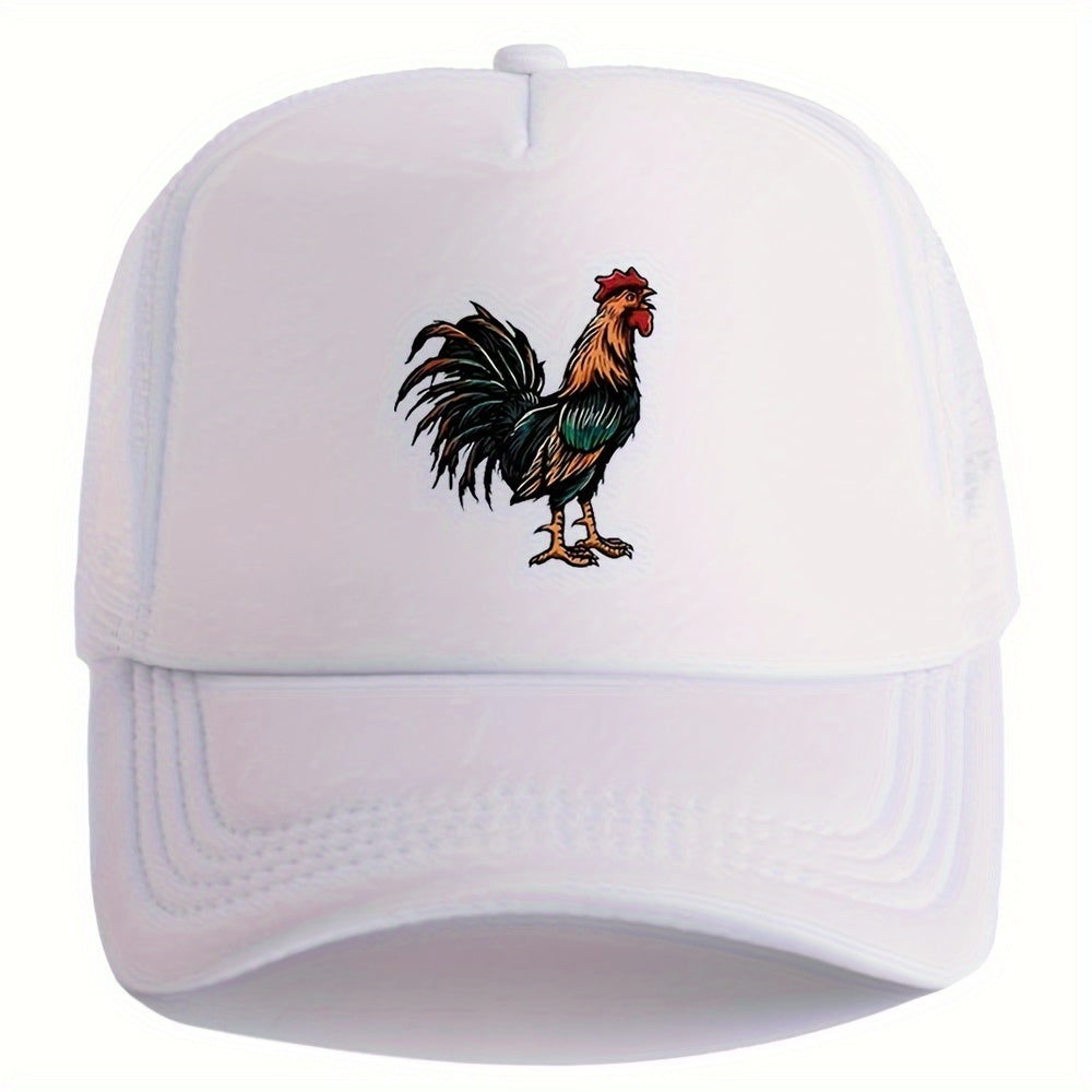 Retro Rooster Print Curved Brim Baseball Cap - Breathable Mesh Trucker Hat with Snapback Closure, Perfect for Casual Leisure Outdoor Sports, Unisex Fashion Accessory for Summer, Spring, and Fall