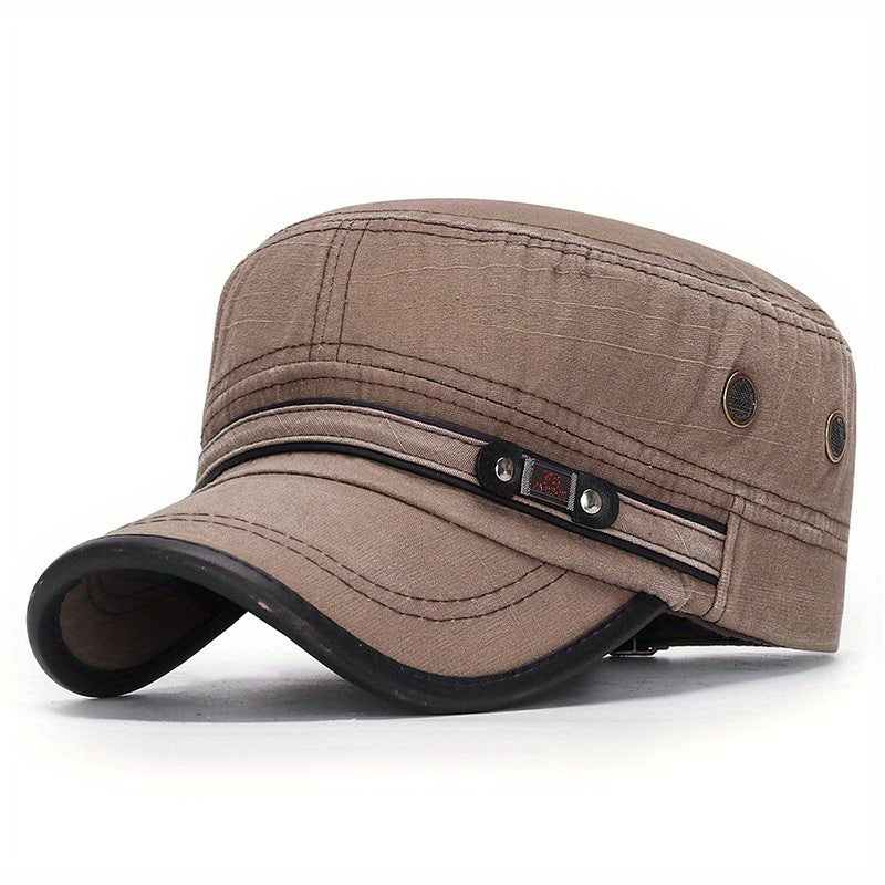 Stylish Unisex Leather Flat Top Hat - Men's Accessories, Military-Inspired Baseball Cap with Sun Protection, Adjustable One-Size-Fits-Most Design, and Vintage Washed Look