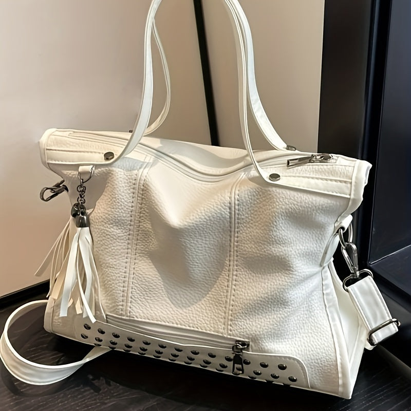 Fashionable Shoulder Bag For Women, New Trend Casual Tassel Pendant Decoration, Large Capacity Tote Bag, Solid Color Rivet Inlay Design, Crossbody Bag, Retro And Stylish Handbag Suitable For Daily Commuting, Outdoor Shopping