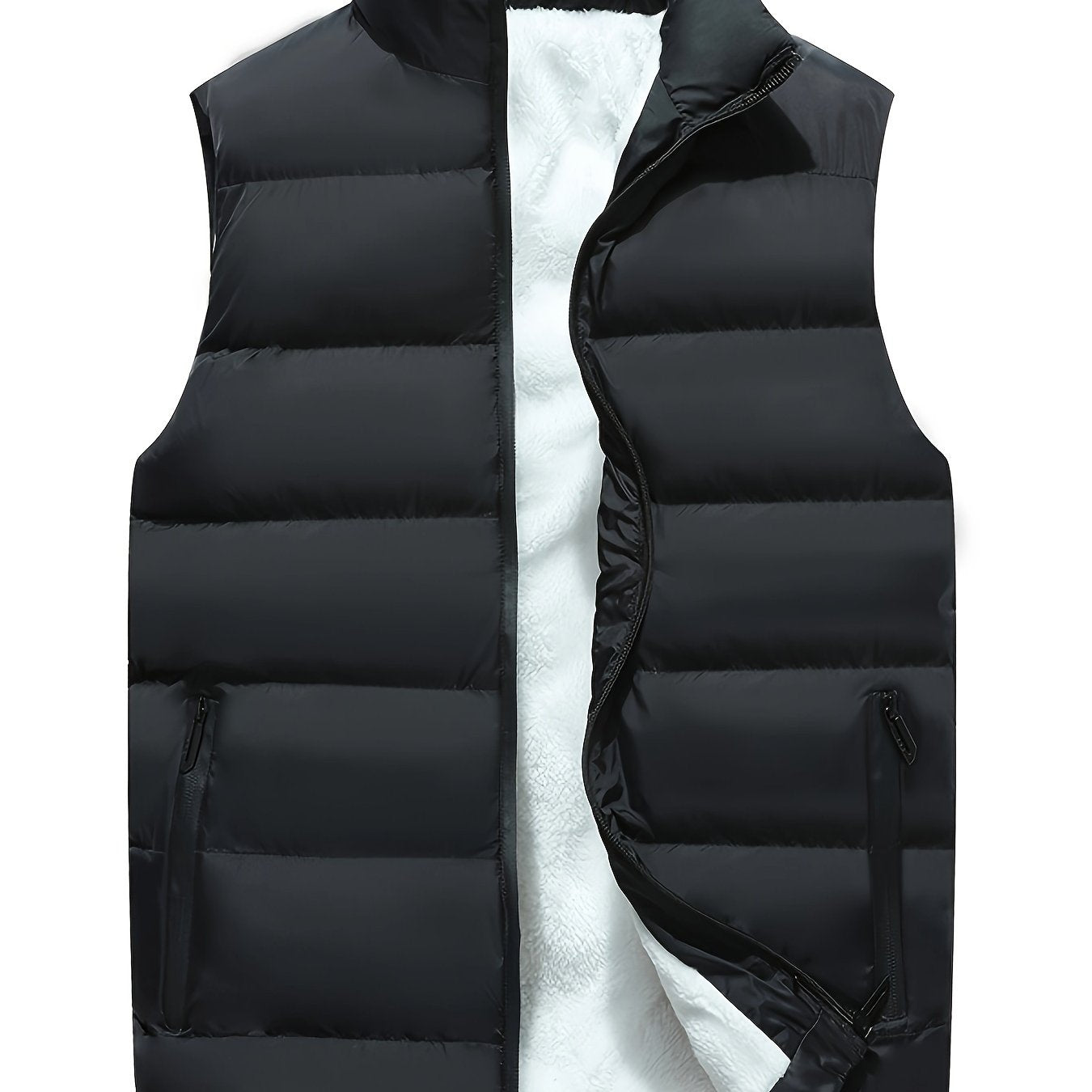 Men's Solid Sleeveless Stand Collar Down Jacket Vest With Zip Up And Pockets, Casual And Warm Tops For Autumn And Winter Wear