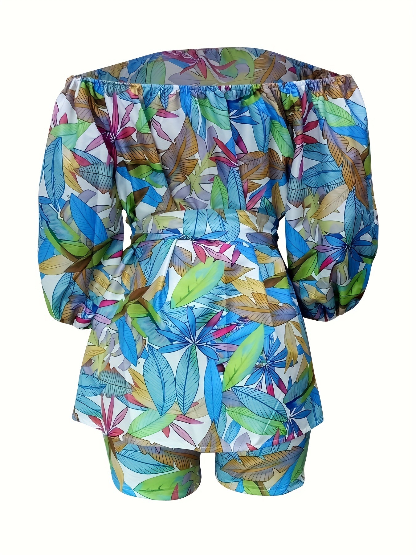 Trendy Leaves Print Sexy Two-Piece Outfit - Accentuating Slim Waist, Flattering Off-The-Shoulder Neckline, Body-Hugging Slim Shorts - Stylish Womens Clothing for Fashion-Conscious Ladies