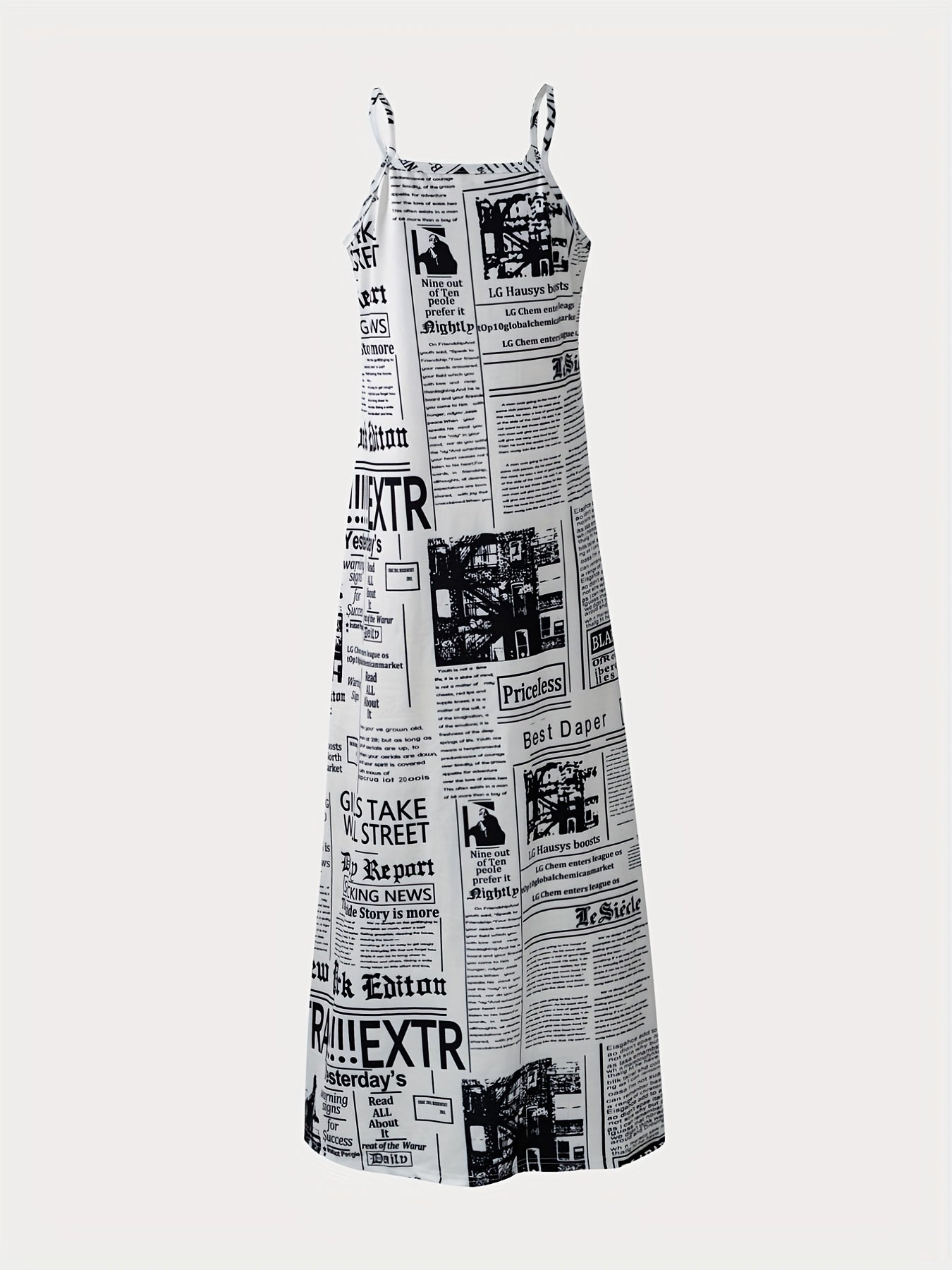 VAKKV Trendy Newspaper Print Maxi Dress - Boho Style, Spaghetti Strap V-Neck, Perfect for Summer Outings & Parties, Women's Fashion