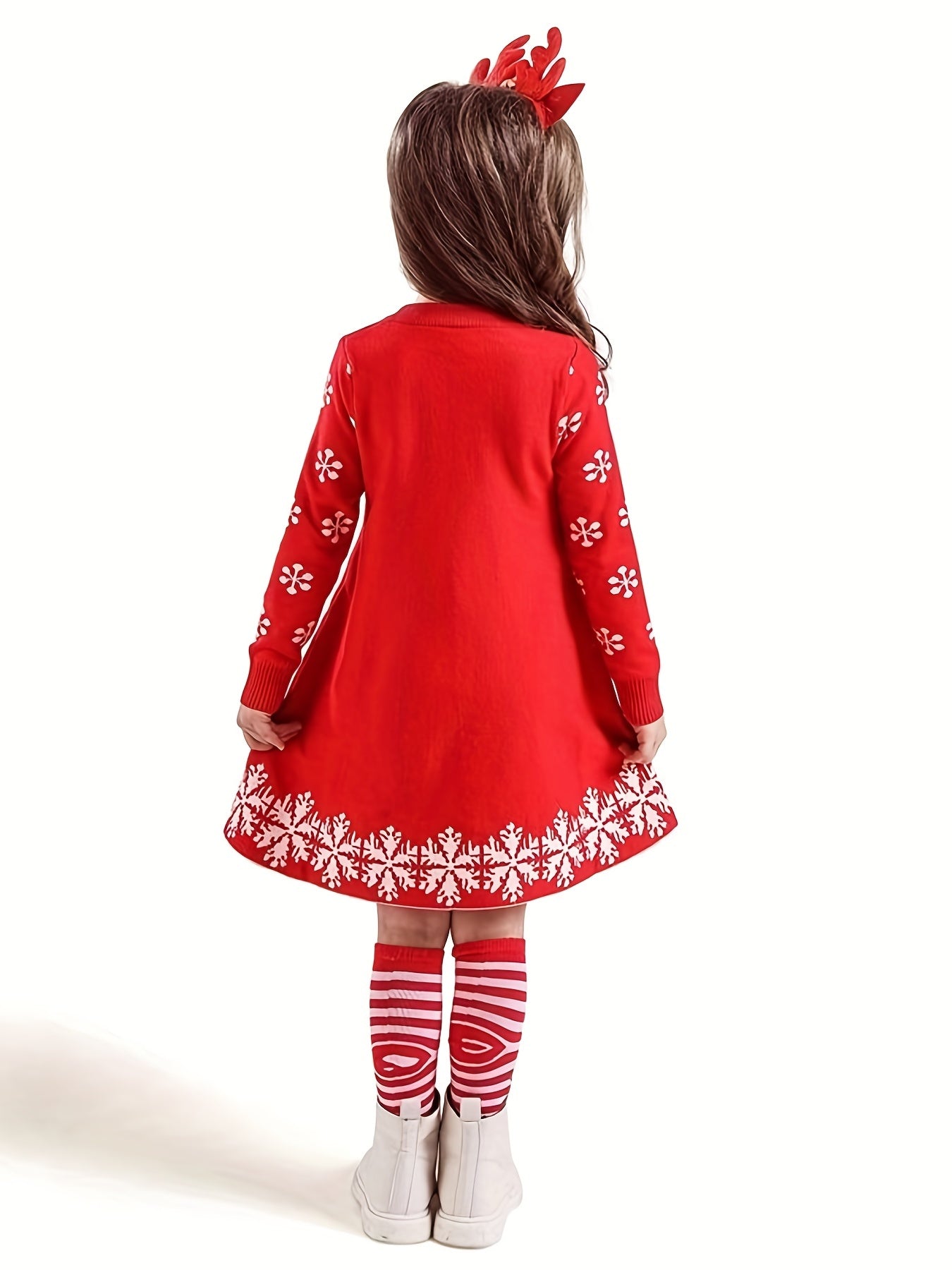 Cozy Girls' Deer Pattern Sweater Dress - Special Occasion, Round Neck, Long Sleeve, Knitted, Christmas Themed, Soft and Warm - Perfect for Holiday Parties