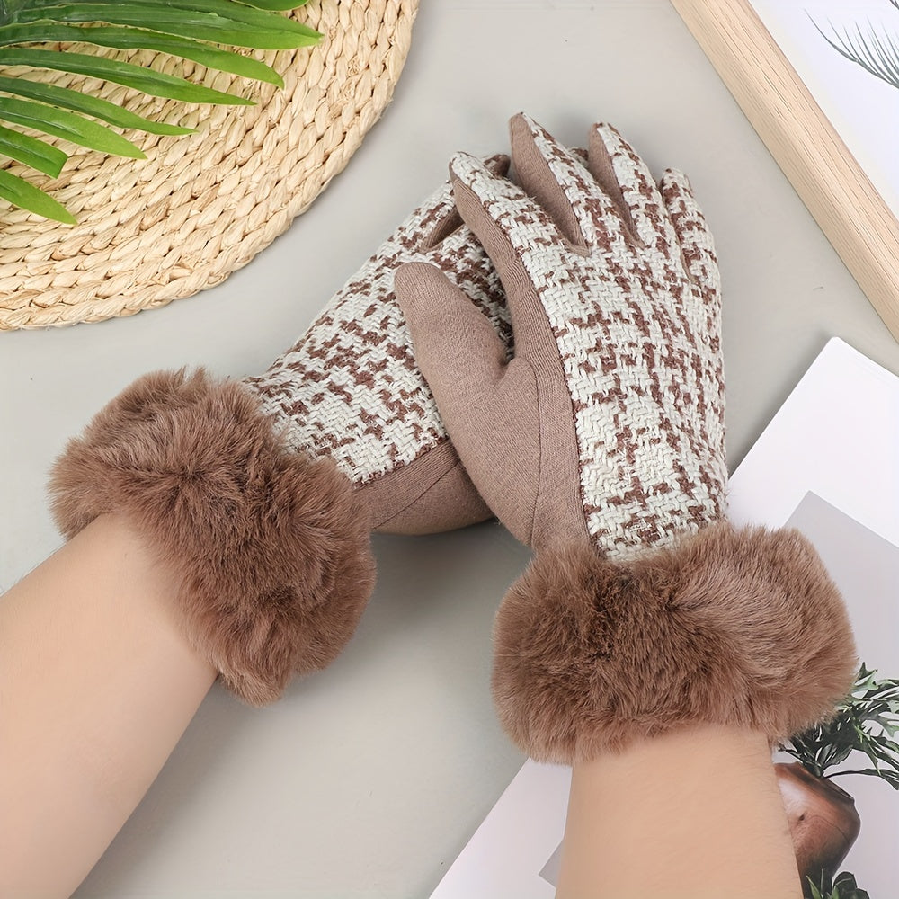 Stylish Houndstooth Touch Screen Gloves - Warm, Non-Elastic, Full Finger Polyester Woven Gloves with Faux Fur Cuffs, Perfect for Weekend Casual Use, Cold Weather, and Outdoor Activities