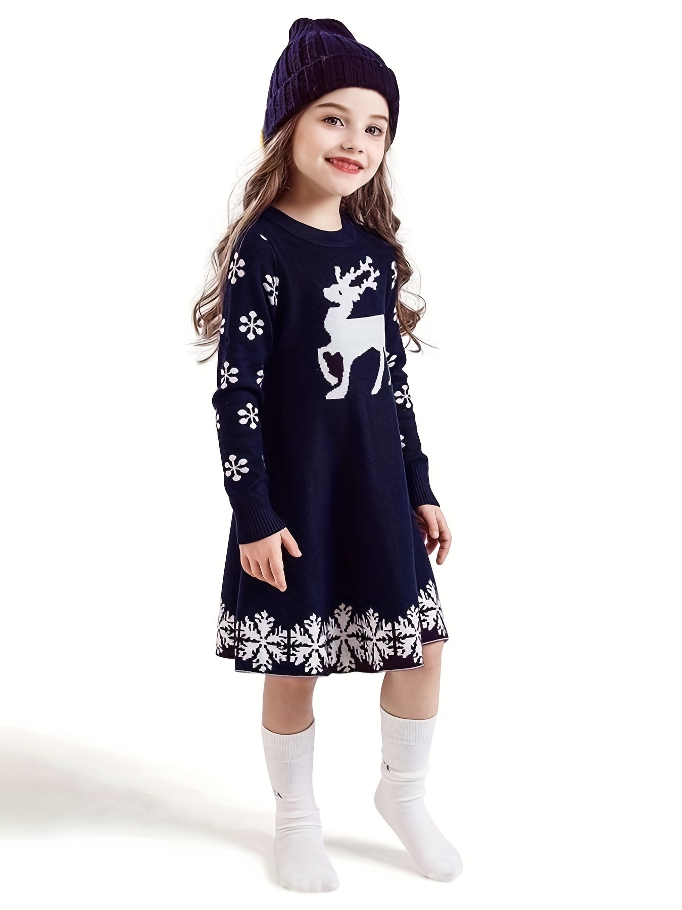 Cozy Girls' Deer Pattern Sweater Dress - Special Occasion, Round Neck, Long Sleeve, Knitted, Christmas Themed, Soft and Warm - Perfect for Holiday Parties