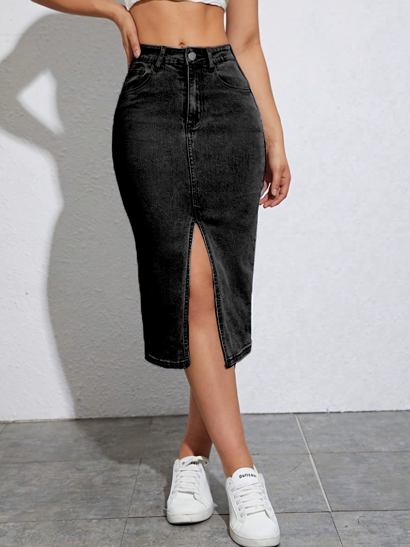 High Rise Bodycon Midi Denim Skirt - Medium Stretch, Split Hem, Chain Detail, Solid Color, Machine Washable, Casual Style for Spring/Summer/Fall - Womens Regular Fit Denim Jeans & Clothing