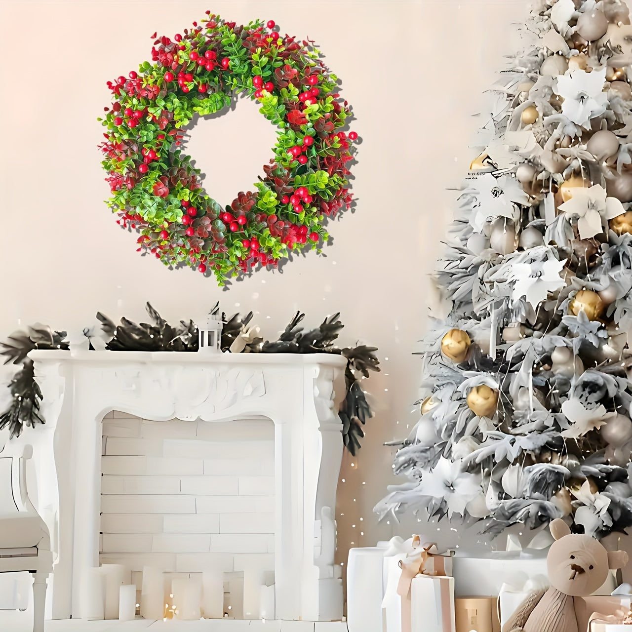 Charming 17.72" Christmas Wreath with Red Eucalyptus Berries - Perfect for Front Door, Fireplace & Window Decor | Indoor/Outdoor Holiday Centerpiece