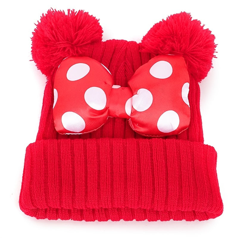 Toddler Beanie With Bow Decor, Knited Hat, Double Pom Pom Polka Dot Warm Winter Cap For Baby Girls