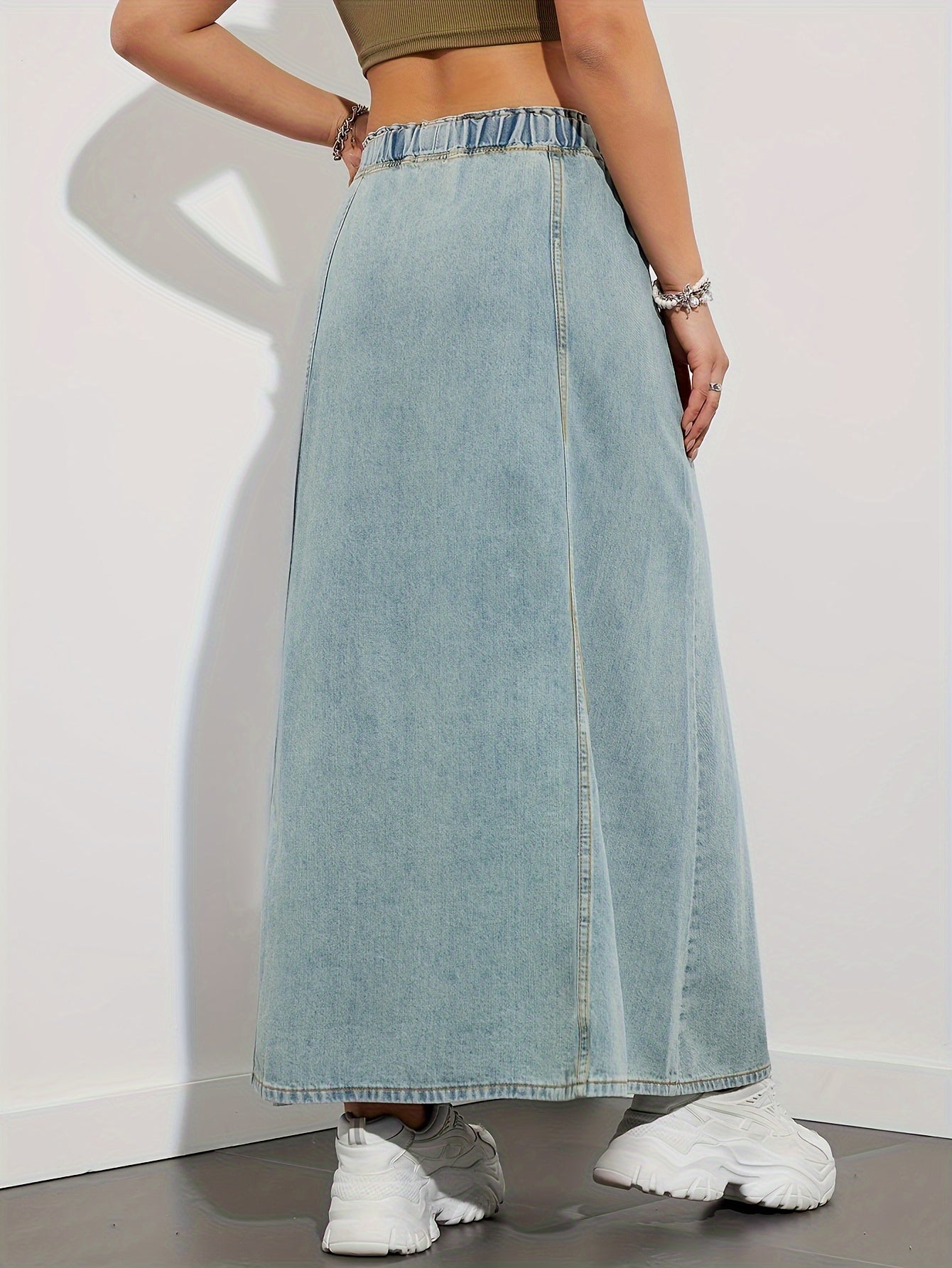 Stylish Women's Maxi Denim Skirt - Drawstring Elastic Waistband, Loose Fit, Plain Washed Blue, Casual Style, Comfortable, Versatile, and Flattering - Perfect for Daily Wear and Outdoor Activities