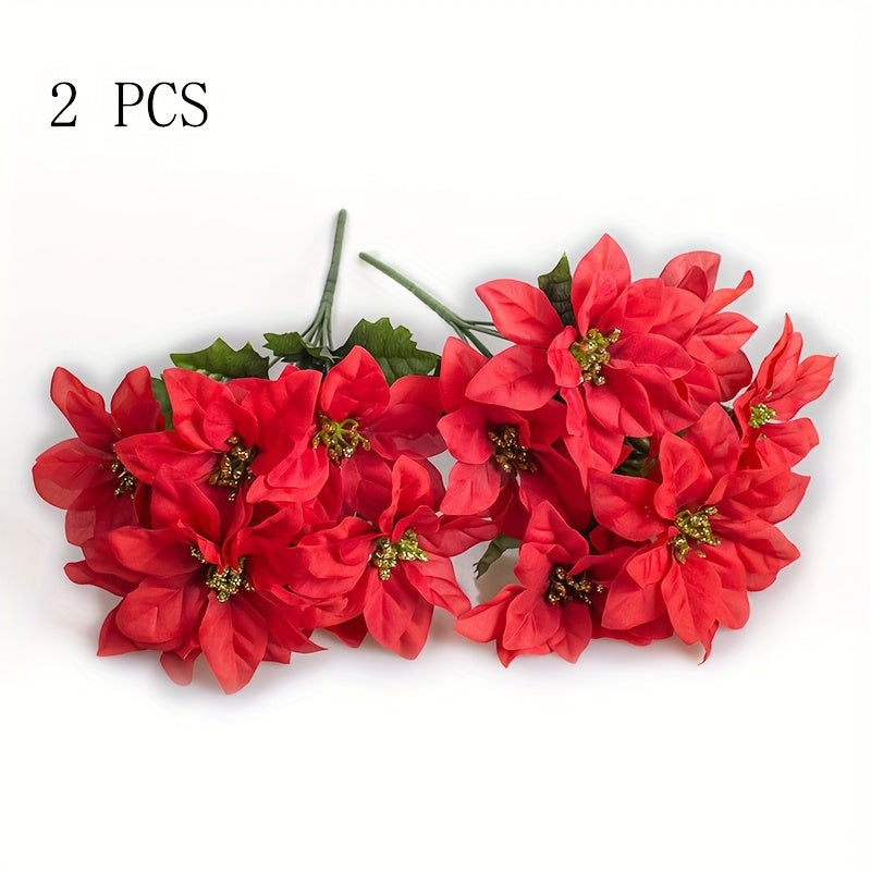 2pcs Poinsettias Artificial Poinsettia Flowers, 7 Heads Red Christmas Flowers, Fake Bush Poinsettia Flowers For Home Xmas Tree Table Centerpieces Wedding Decor