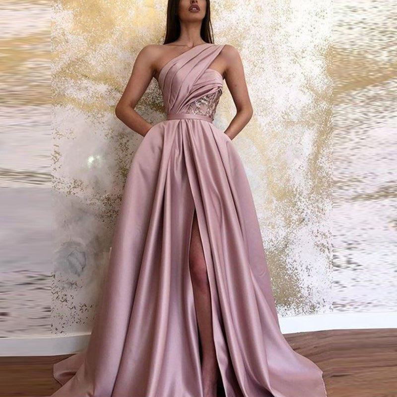 S1604 2025 New summer new 2025 sexy split slanted shoulder dress long dress evening dress