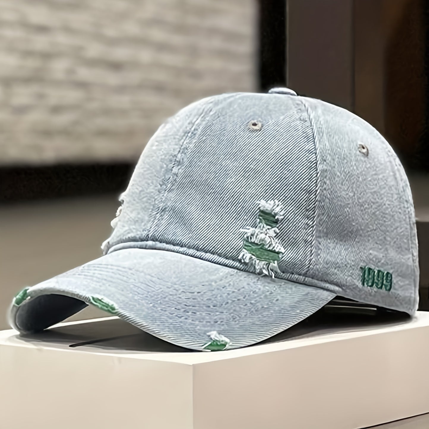 Trendy 1pc Distressed Denim Cap - Rugged Style – Versatile for Casual Wear in Spring to Autumn