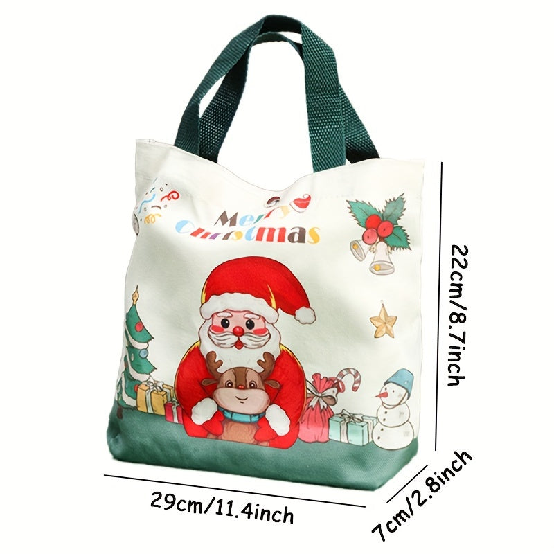 1pc Festive Canvas Tote Bag, Merry Christmas & Happy New Year 2025 Design, Santa Claus & Reindeer Print, Holiday Gift & Grocery Handbag, Uncharged, Durable Material