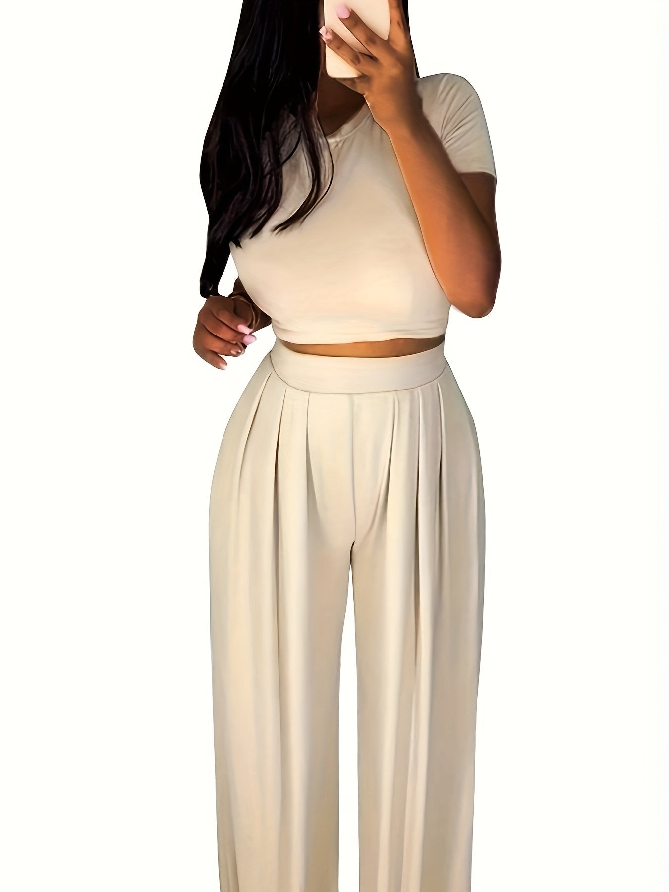 Stylish Solid Color Pantsuits - Short Sleeve Slim Crop T-shirt & Floor Length Wide Leg Pants Outfits for Women - Comfortable, Versatile, and Chic Clothing for Everyday Wear