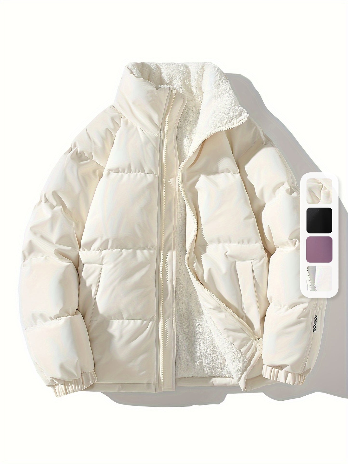 Men's Solid Puffer Coat With Pockets, Casual Breathable Stand Collar Zip Up Long Sleeve Fleece Warm Coat For Winter Outdoor Activities