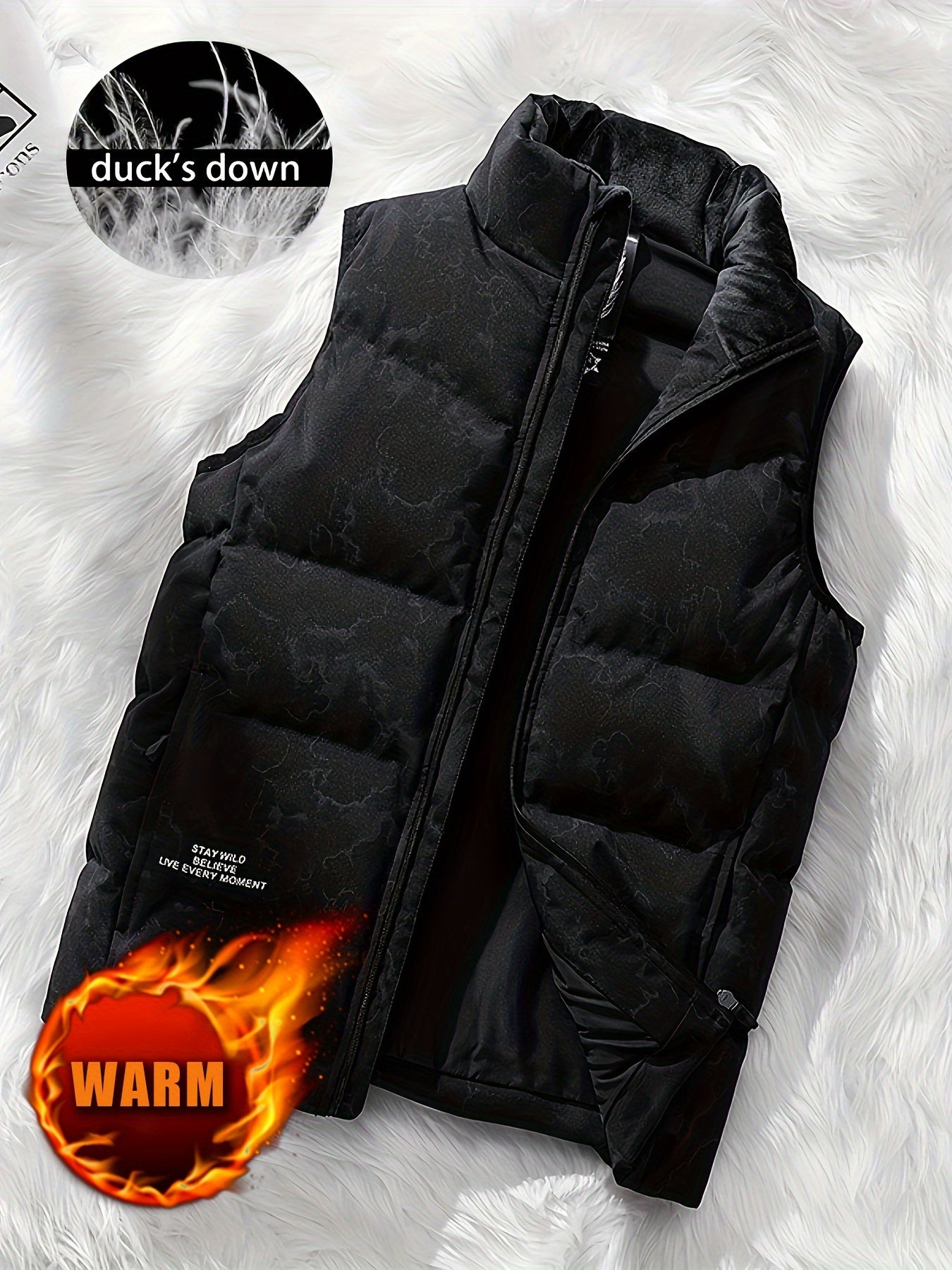 Men's Stylish Solid Sleeveless Down Jacket With Pockets, Casual Breathable Fleece Stand Collar Zip Up Warm Tank Top For City Walk Street Hanging Winter Outdoor Activities